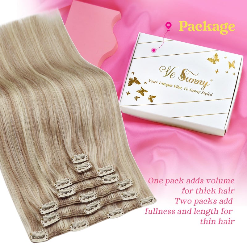 Ve Sunny Real Hair Extensions Clip in Human Hair Full Head Remy Blonde Hair Extensions Clip in Highlight Extension for Women Warm Color 7pcs 120g 18inch - Image 5